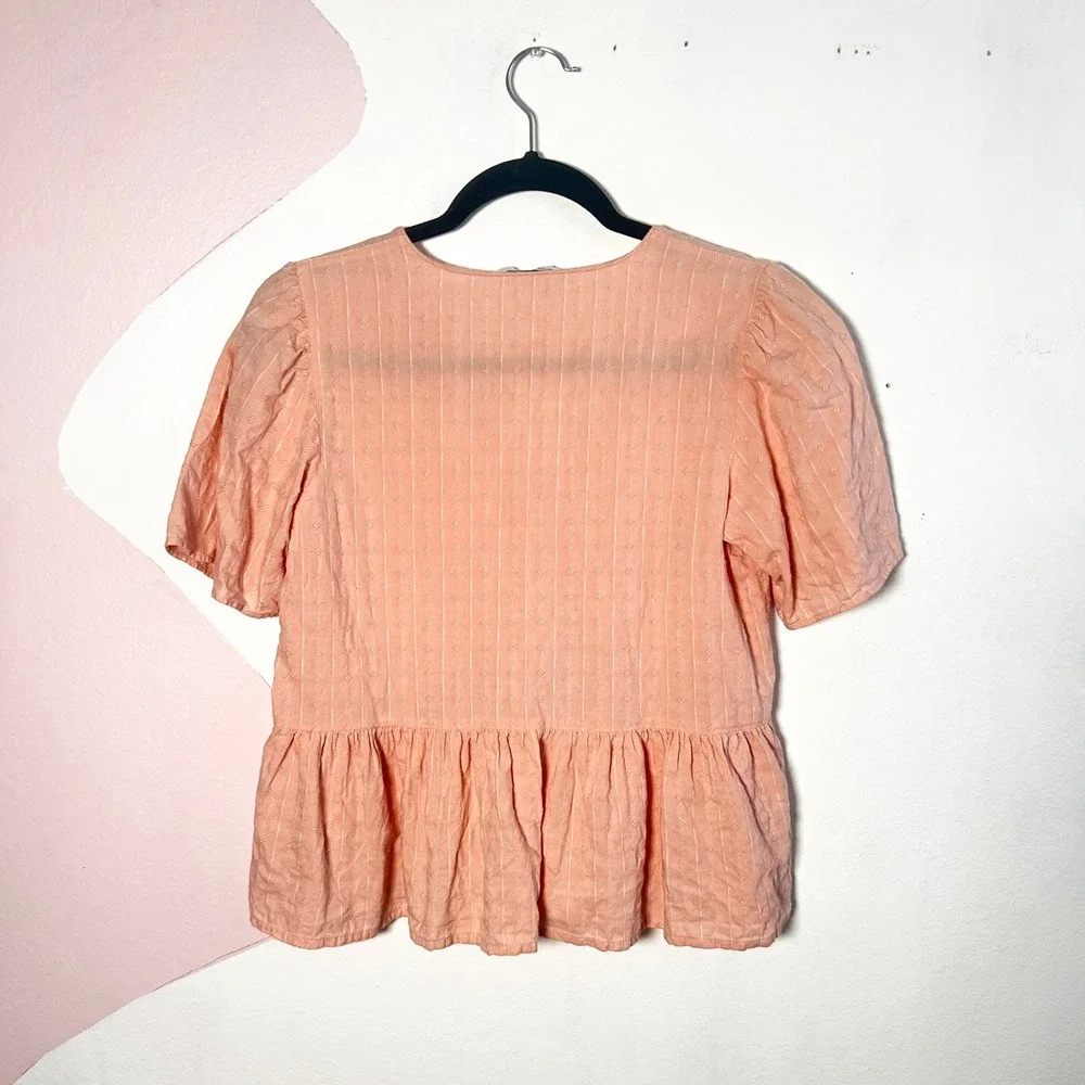Madewell Peplum Top Womens Small 100% Cotton Orange Coral Puff Sleeve
